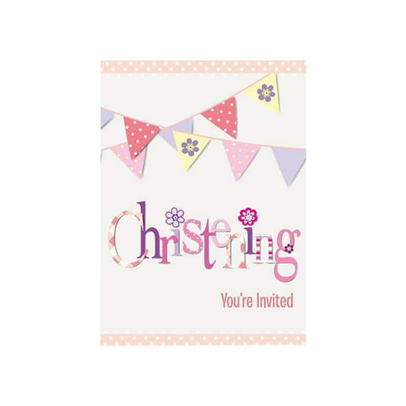 Unique Party Bunting Christening Invitation Cards (Pack Of 8)