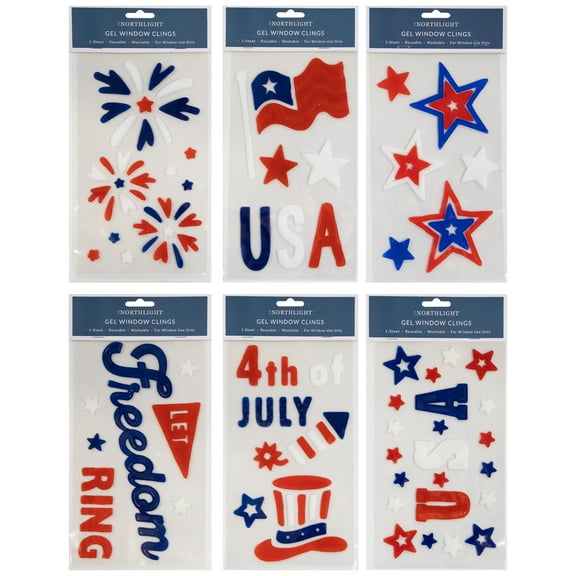 Northlight Double Sided Patriotic Celebration Gel Window Clings - Set of 6