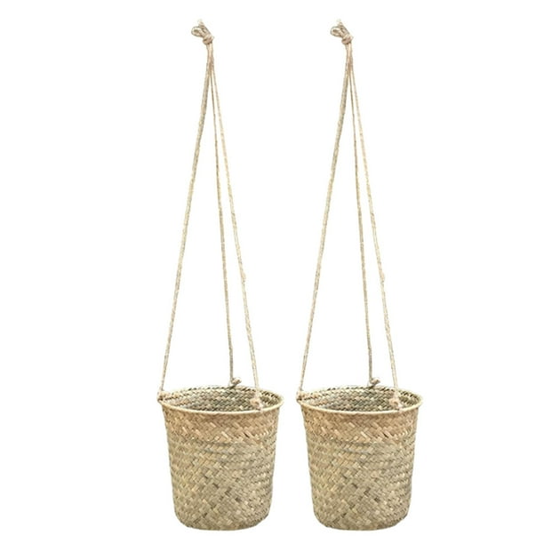 Florero de mimbre tejido a mano con cesta de flores de paja tejida a mano