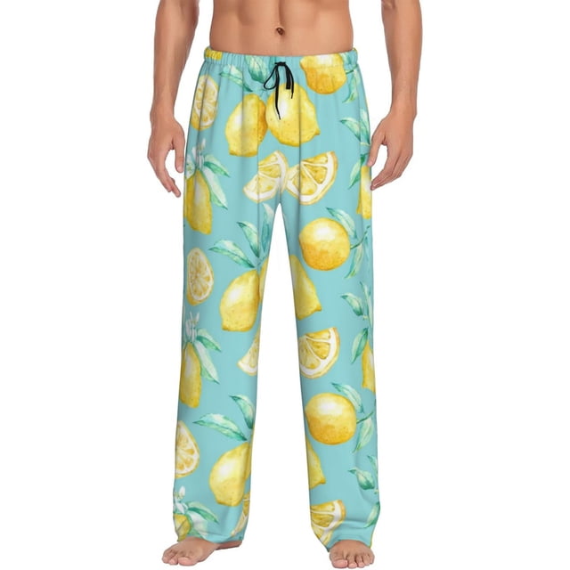 Kdxio Yellow Lemon Pattern Men's Pajama Pants, Elastic Waist with Drawstring and Pockets, Comfortable Loungewear-Large