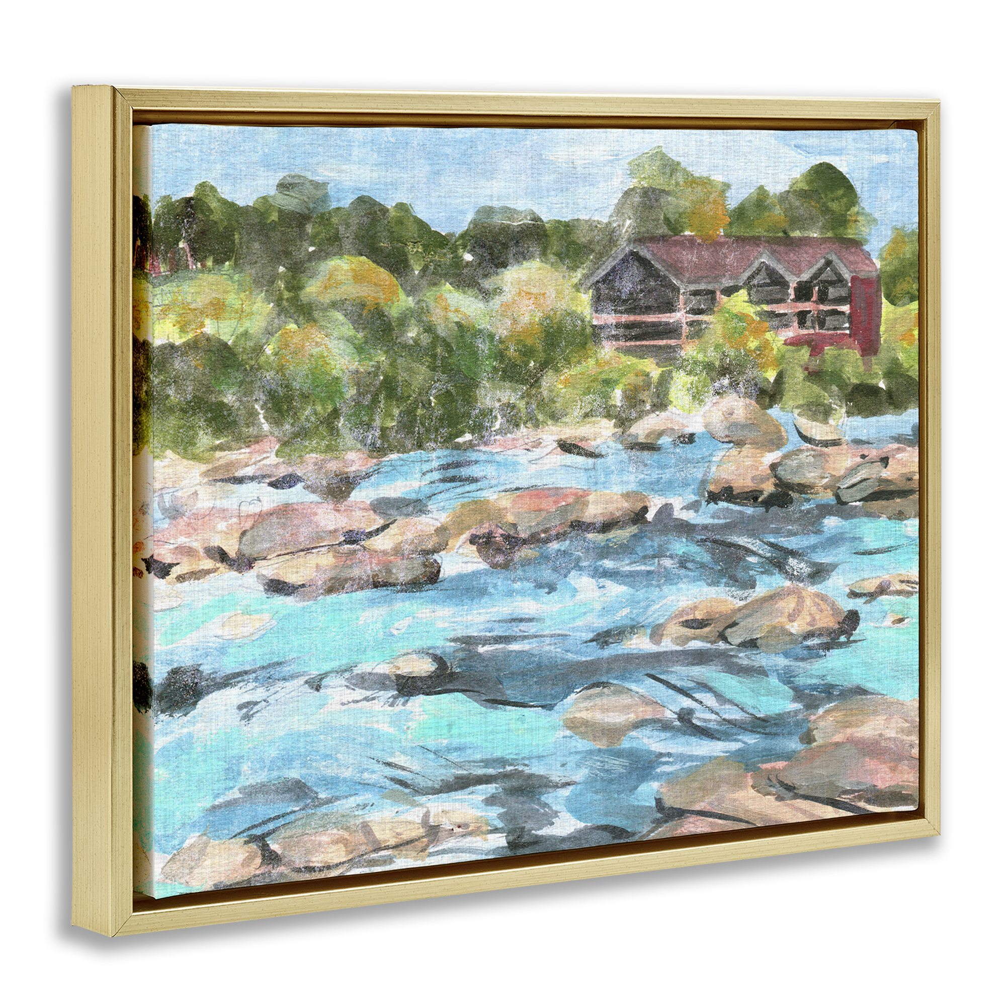 Stupell Industries Rocky River Landscape Landscape Painting Gold Floater Framed Canvas Art Print Wall Art, 21 x 17