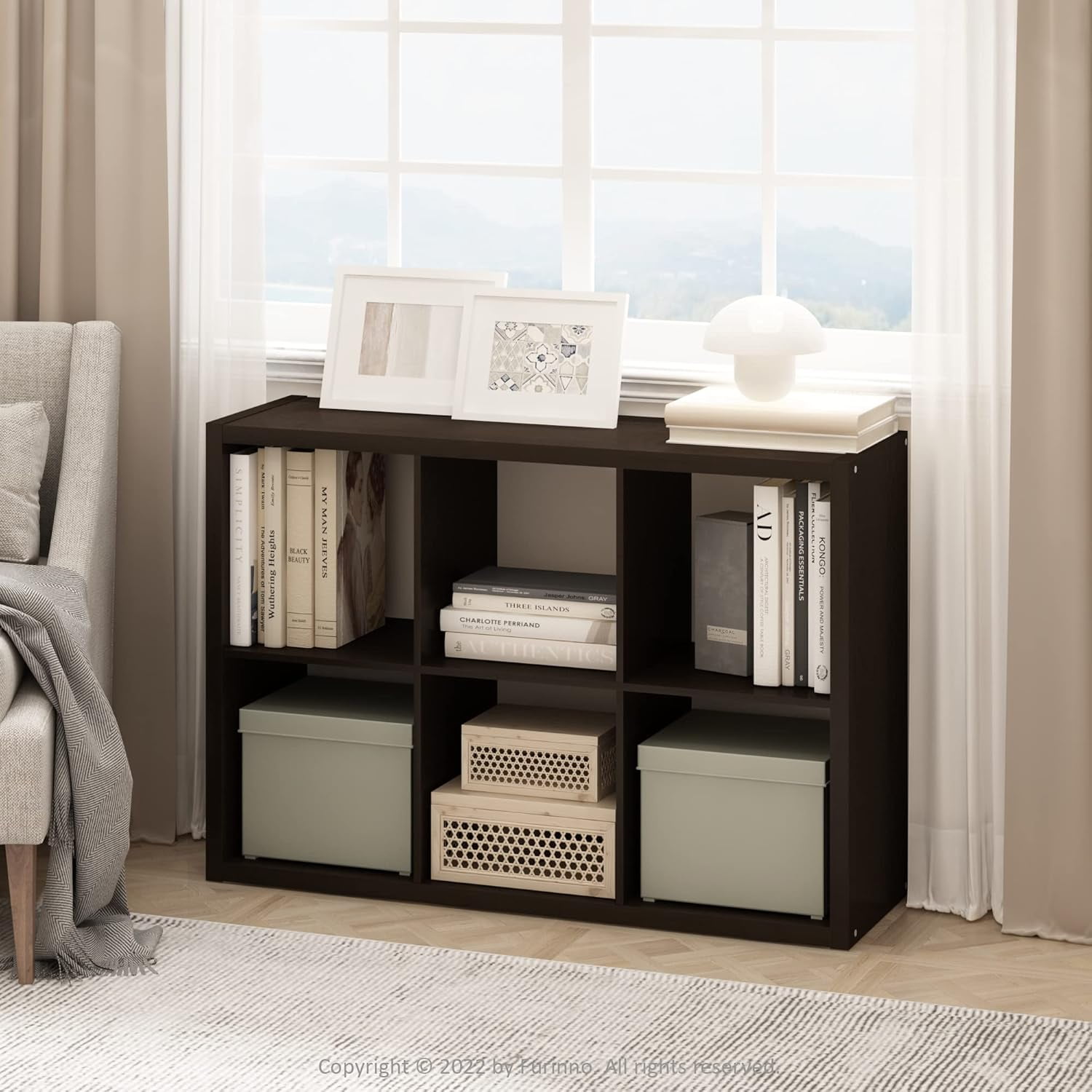 SONGMY Cubicle Open Back Decorative Cube Storage Organizer, 6-Cube, Dark Oak