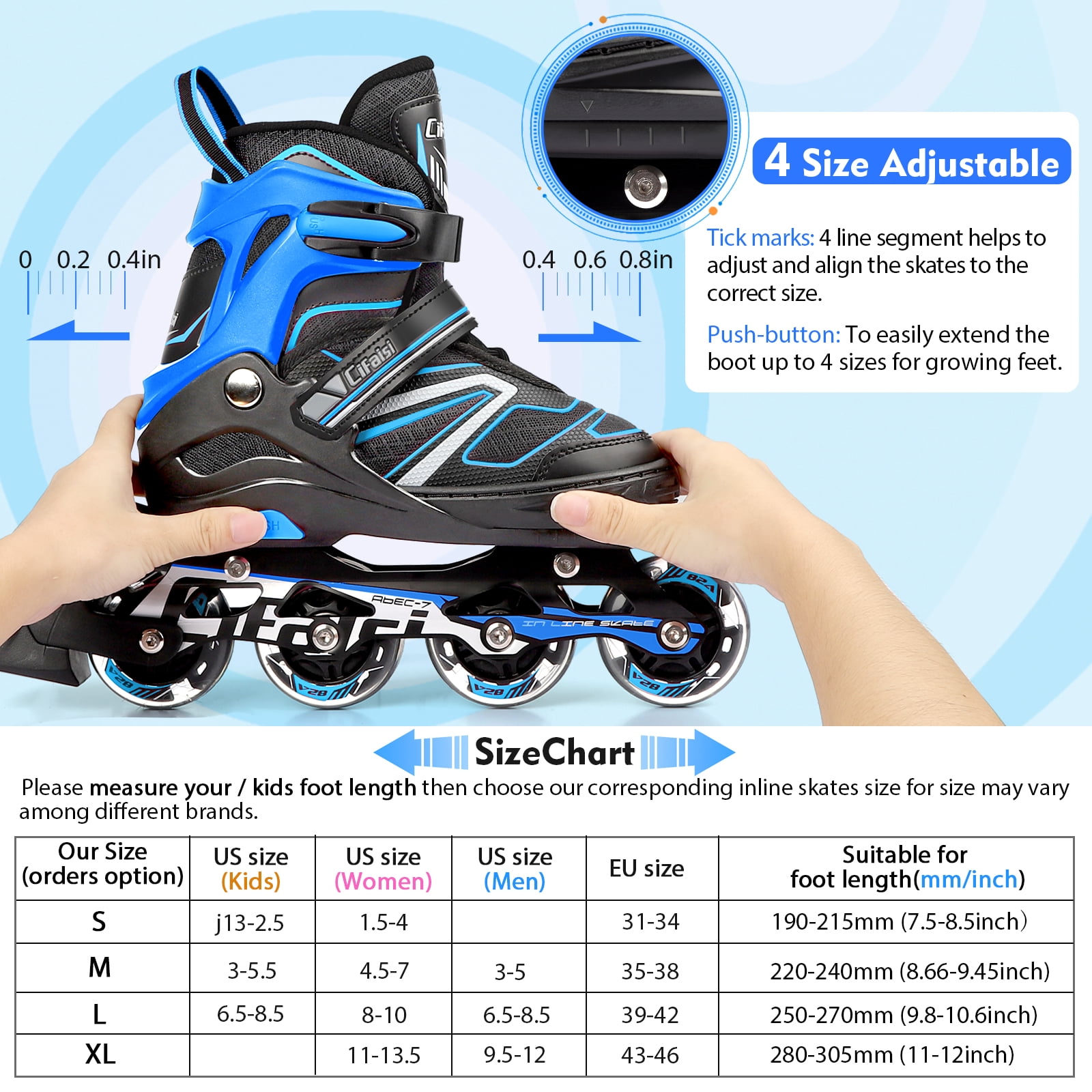 Cifaisi Adjustable Inline Skates with Full Illuminating Wheels, Aluminum Frame, Triple Protection System & ABEC-7 Bearings, Size S/M/L/XL