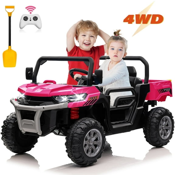 24V Ride on Dump Truck with Remote Control, 4WD Electric Car for Big Kids, 2 Seater 4*200W Motor Ride on Toy, Shovel, Music, Kids Gift, Pink