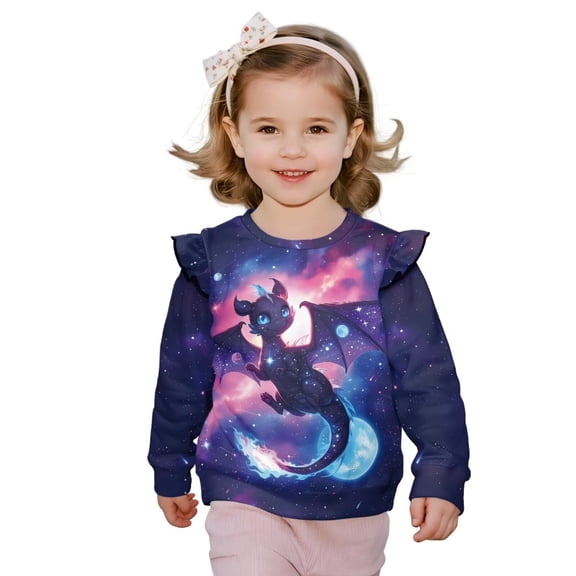 Yuyamidu Galaxy Dragon Sweatshirt Toddler Girl 1T 2T Crewneck Ruffle Long Sleeve Top Cute Graphic Pullover Sweatshirts Casual Fall Outfits Lightweight Soft Workout Everyday Clothes