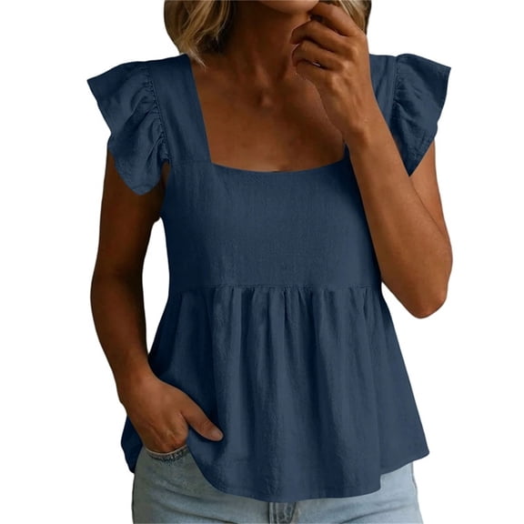 hlysgo Womens Square Neck Top Ruffle Short Sleeve Palazzo Tops Cute Smocked Babydoll Summer Blouses Navy,2xL