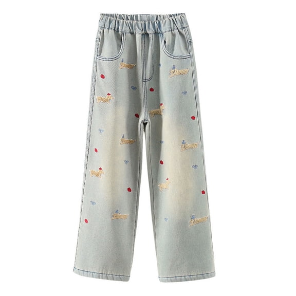 GobdXE Girls' Embroidered Wide Leg Denim Jeans with Elastic Waist Blue,13-14 Years