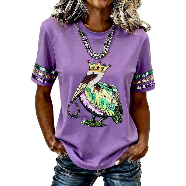 Tops Casuales de Otoño para las Mujeres Cuello Redondo Carnaval Impreso Blusa, Camiseta de Manga Corta para el Uso Diario Del Festival
