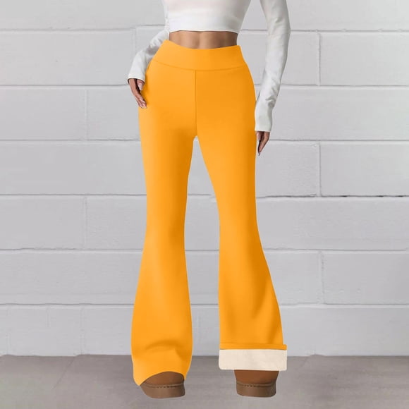 Women's Fleece Lined Winter Pants, Thermal High Waist Flare Leggings, Warm Soft Lounge Pants with Pockets, Cozy High Waisted Trousers, Casual Winter Wear Orange L