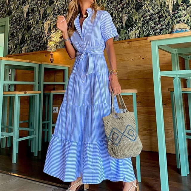 Puntoco Vestido De Manga Corta Con Cuello En V, Vestido Largo Suelto De Manga Corta A Rayas De Verano Para Mujer, Azul S