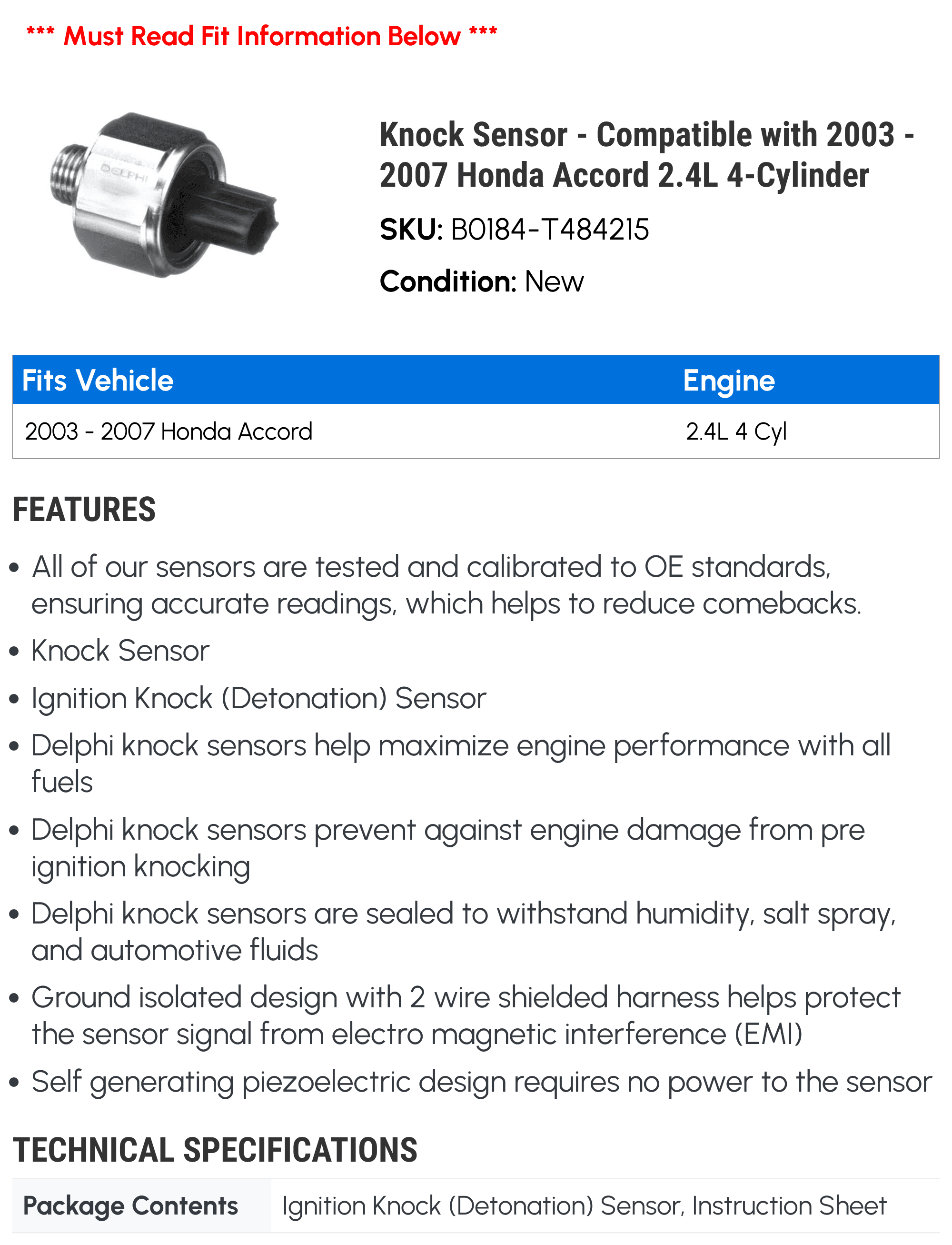 Knock Sensor - Compatible with 2003 - 2007 Honda Accord 2.4L 4-Cylinder 2004 2005 2006