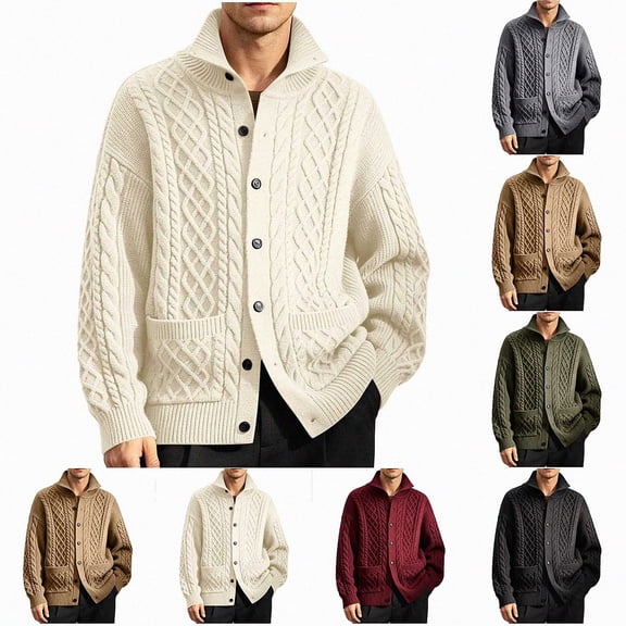 Babcutegg Big and Tall Mens Turtleneck Cardigan Sweater Cable Knit Vintage Casual Button Down Sweaters with Pockets Size 3XL
