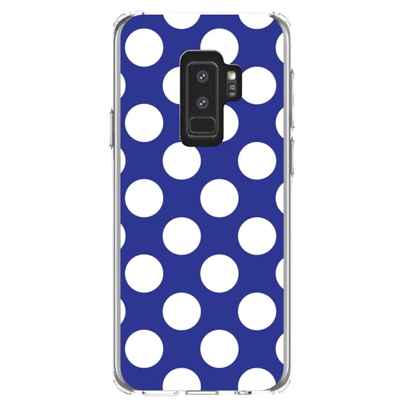 DistinctInk Clear Shockproof Hybrid Case for Samsung Galaxy S9  PLUS (6.2" Screen) - TPU Bumper, Acrylic Back, Tempered Glass Screen Protector - White & Dark Blue Polka Dots
