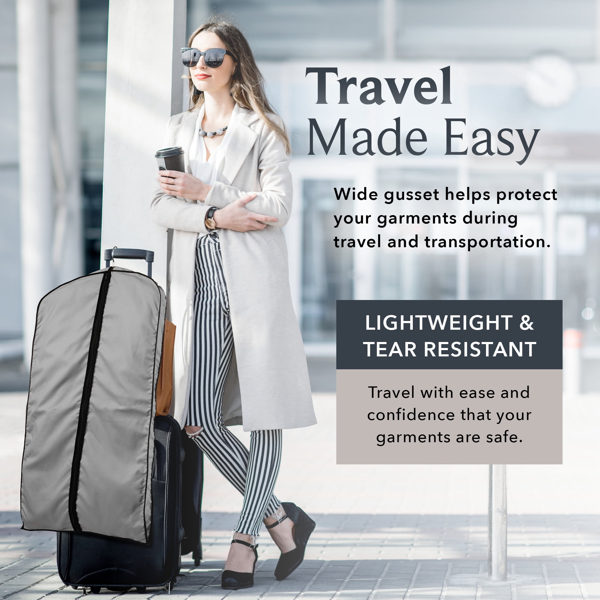 45'' Breathable Gray Cotton Poplin (Black Trim) Garment Bag - 1 Count - Basic LTD