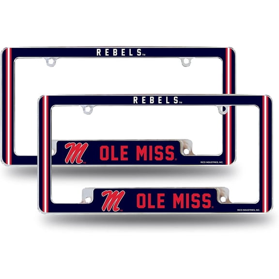 Mississippi-Ole-Miss-Rebel's (Set of 2) Chrome Metal License Plate Frames with Bold Full Frame Design