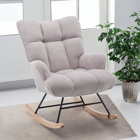 Upholstered Glider Rocking Chair with High Backrest, Padded Seat for Living Room, Bedroom, or Office – Grey