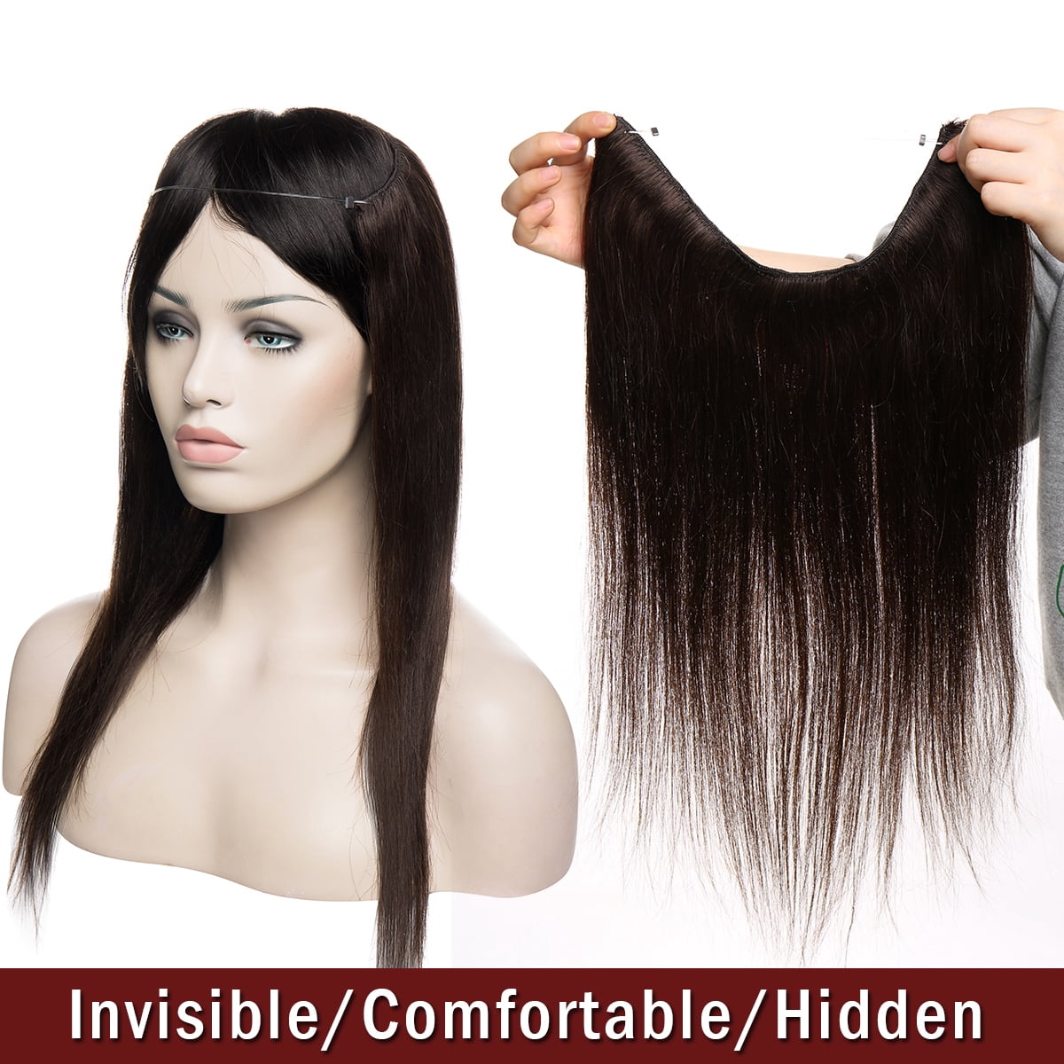 SEGO Wire in Human Hair Extensions Hidden Hair Extensions with Invisible Band Translucent Fish Line Hairpiece without Clip
