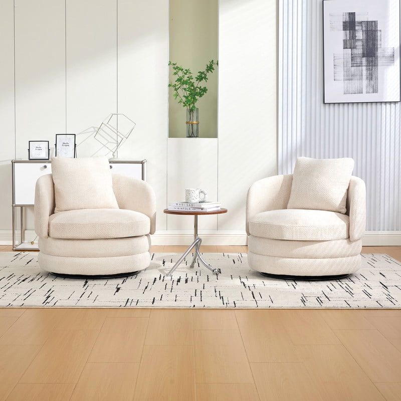 360° Modern Swivel Barrel Accent Chair, Chenille Upholstered Lounge Armchair with Pillow, Comfy Round Sofa Reading Chair for Living Room, Bedroom, Beige