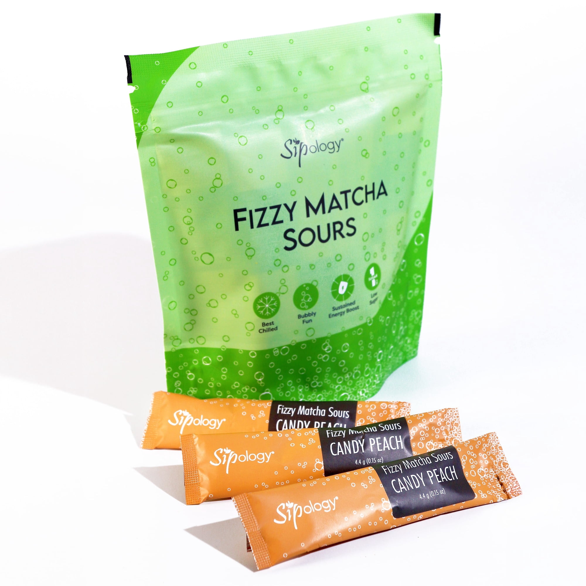 Sipology: Fizzy Matcha Sours - Candy Peach - Sparkling Beverage Powder Mix,Japanese Matcha, 2.33 oz, 15 Stick Pack