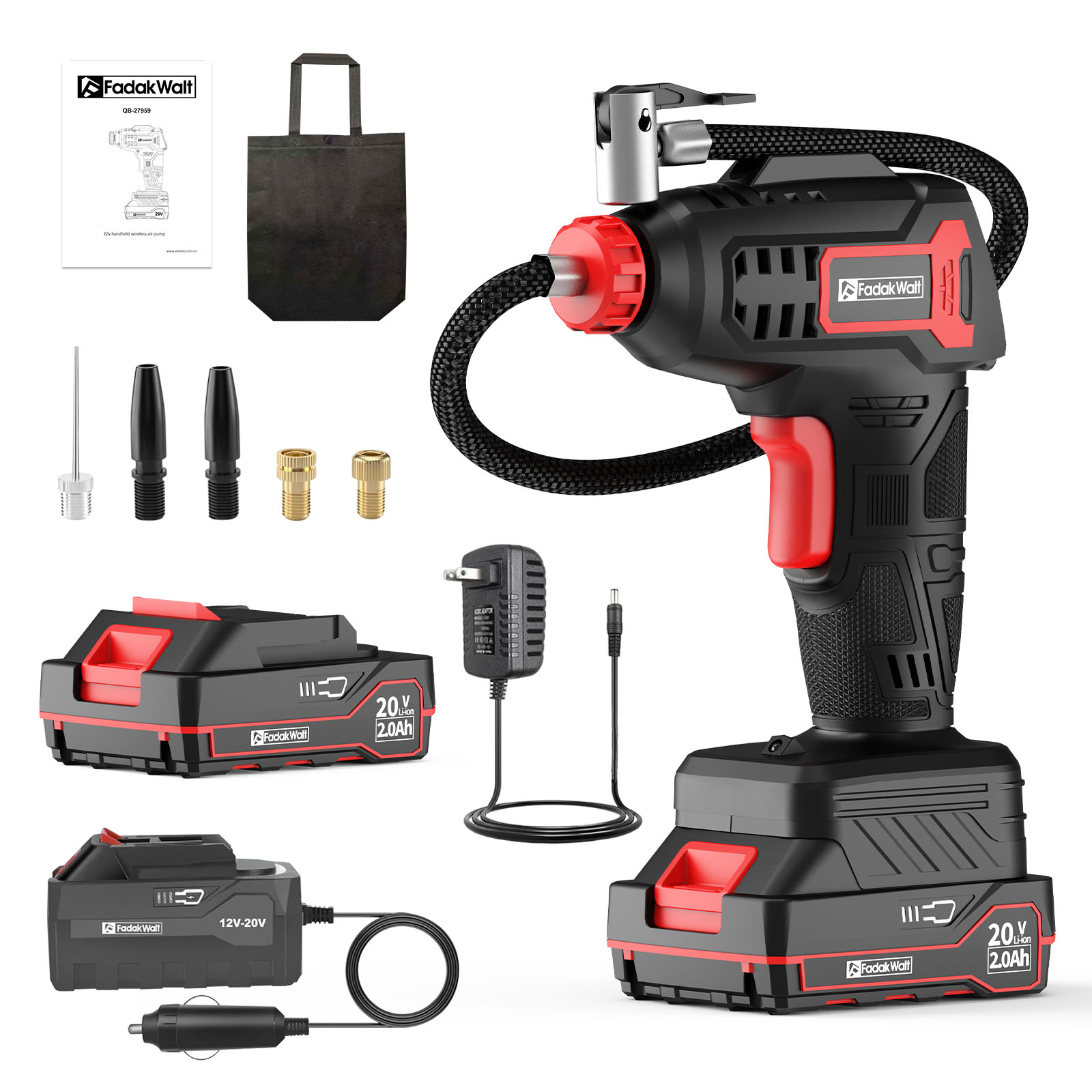 FADAKWALT Tire Inflator Portable Air Compressor, 20V Cordless Car Tire Pump, 160PSI Handheld Electric Air Pump with Rechargeable Battery, Auto Shutoff & Digital Gauge for Cars & Motorcycles(Red)
