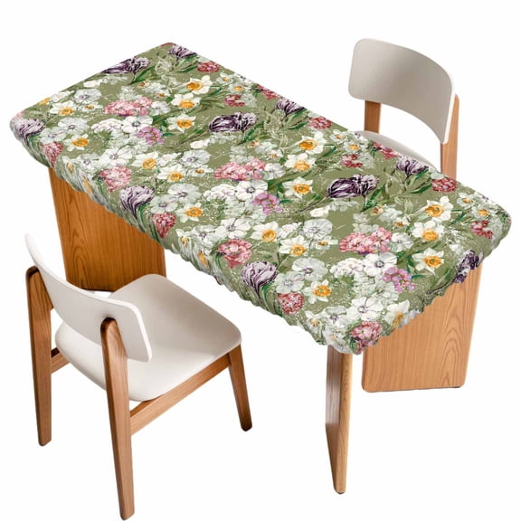 Sage Green Botanical Table Cloths for 4 Foot Rectangle Tables, Spring Floral Summer Botanical Vintage Patio Waterproof Elastic Fitted Tablecloths, Washable Rectangular Table Cover for Camping