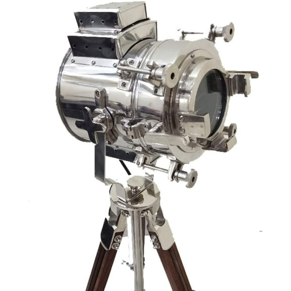 Vintage Modern Collectible Chrome Searchlight Tripod Nautical Spotlights (Low Floor Lamp)