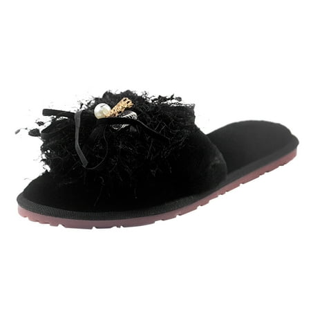 

GNEIKDEING Open Slippers Women Furry Toe Warm Flat Slip On Home Plush Bow Keep Shoes Home Women s Slipper Gift on Clearance