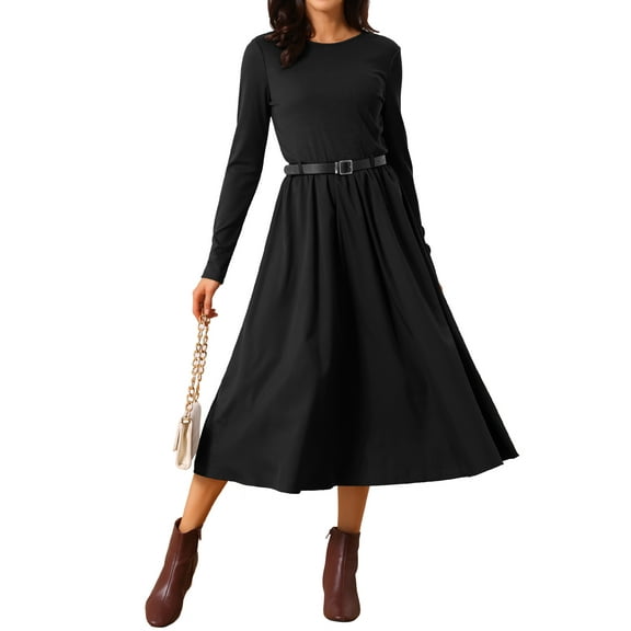 DARING DIVA Midi Dress Crewneck Long Sleeve Flowy Dress S Black