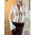 thumbnail image 2 of Caoirhny Women's Summer Lace Floral Tops Flare Long Sleeve Tie Front Sheer Slim Crop Cardigan Clubwear, 2 of 9