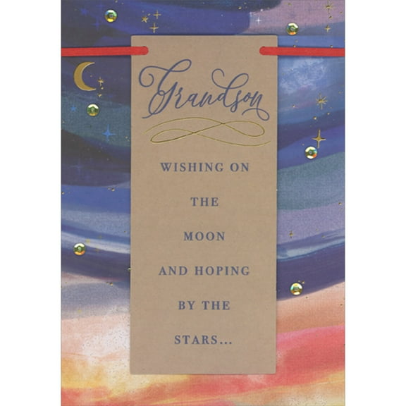 Designer Greetings Wishing on the Moon, Hoping By the Stars 3D Tip On Banner with Red Ribbon and Gold Sequins Hand Decorated Valentine's Day Card for Grandson