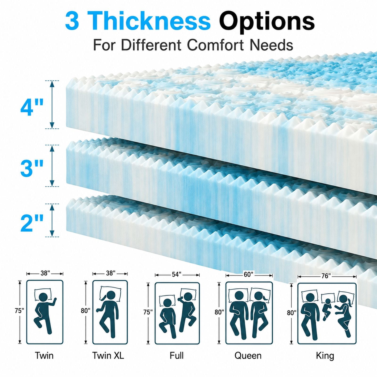 Alvantor 2/3/4 Inch 5-Zone Cooling Gel Memory Foam Mattress Topper, Pressure Relief for Back & Hip Pain, Soft Reversible Pad for Dorm RV Camping