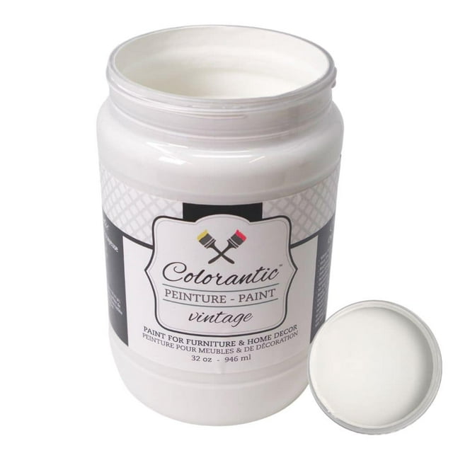 Colorantic BALLERINA chalk paint in off-white creamy shade, 32 oz container. The jar features a resealable white plastic lid and a label with the Colorantic logo and product details. Ideal for furniture DIY projects, this eco-friendly, non-toxic, water-based paint offers a chalky matte finish and adheres to various surfaces like wood, fabrics, and matte metal. The paint dries in 30 minutes, allowing for quick project completion.