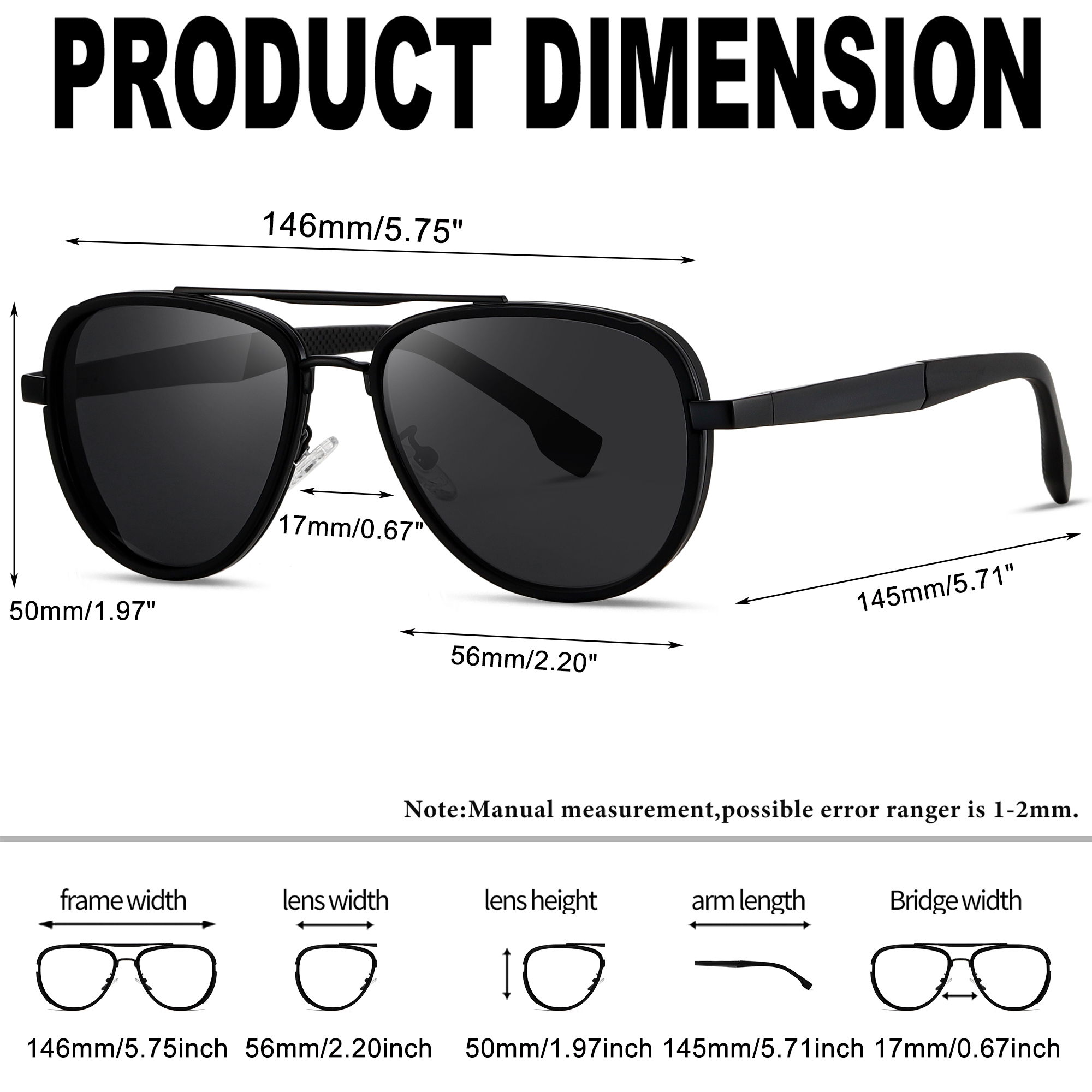 Kanastal Polarized Double Bridge Aviator Sunglasses, Black photo 5