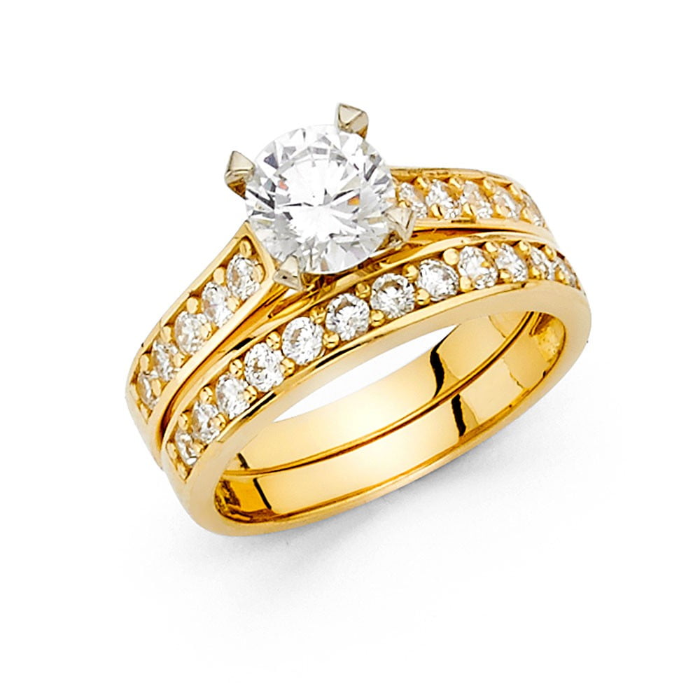 14k Solid Yellow Italian Gold 1.35 ct CZ Round Wedding Ring Duo Set