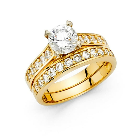 14k Solid Yellow Italian Gold 1.35 ct CZ Round Wedding Ring Duo Set