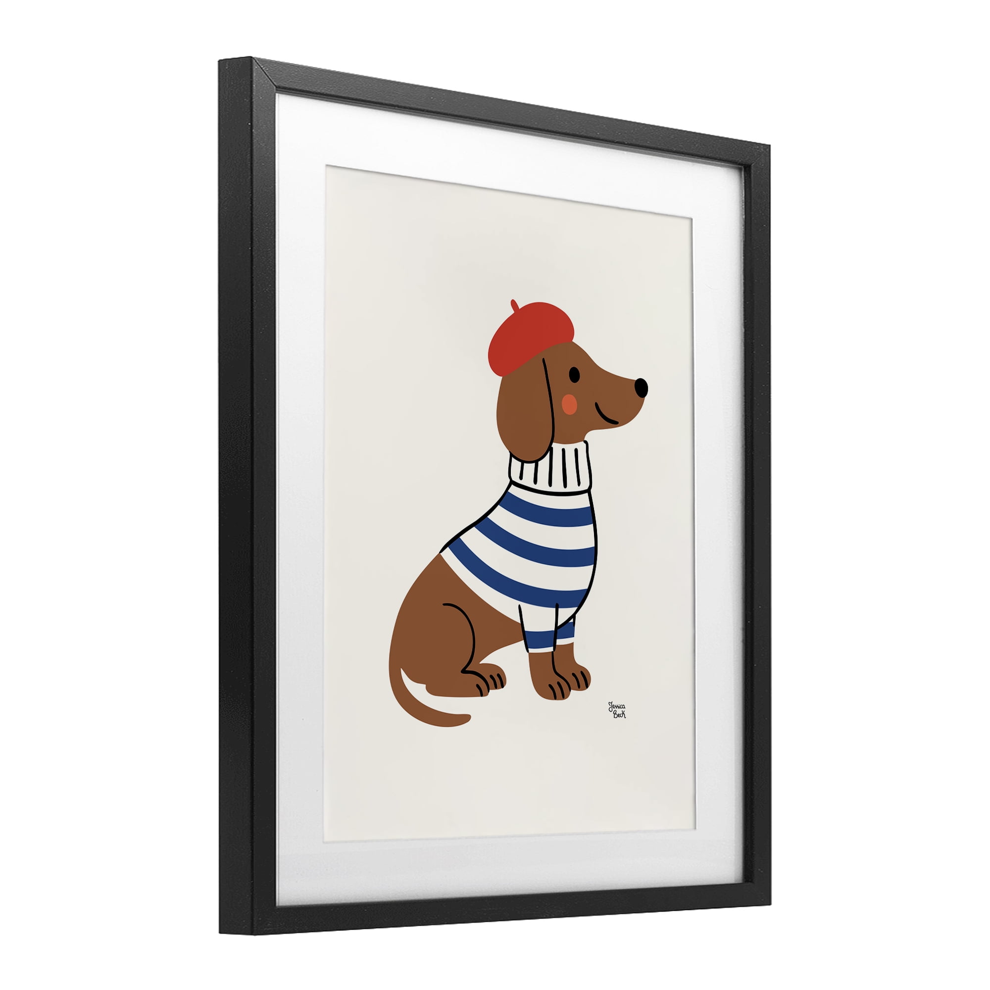 French Dachshund in Beret Black Framed Print Under Glass, design by Jessica Beck