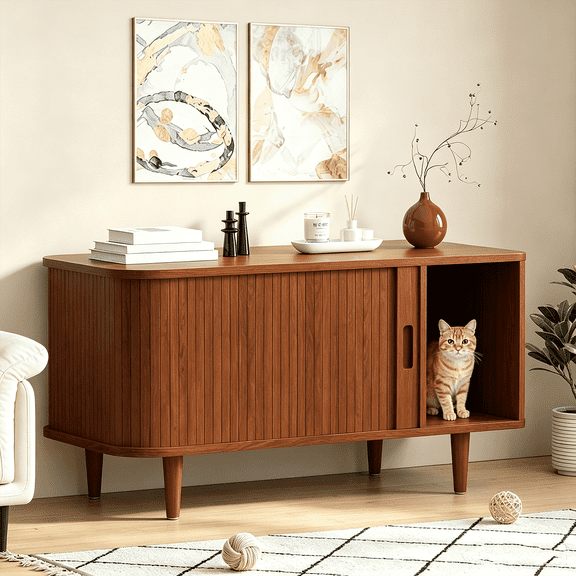 Winkalon Cat Litter Box Enclosure with Sliding Tambour Door, 37.4" Hidden Litter Box Furniture, Wood Cat Litter Box Cabinet for Living Room,Brown