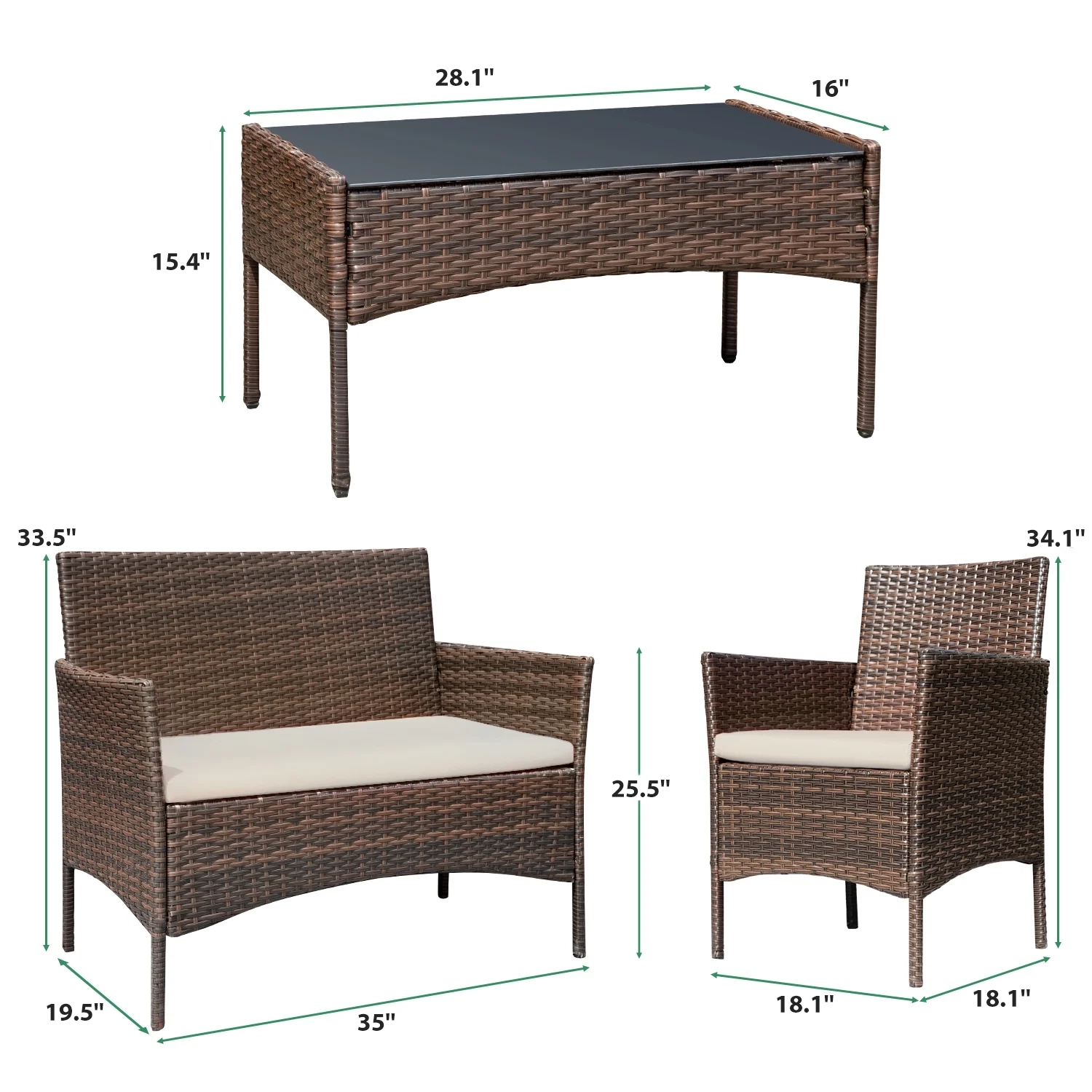 Devoko 4 Pieces Outdoor Patio Conversation Set PE Rattan Wicker Furniture Set, Brown/Beige