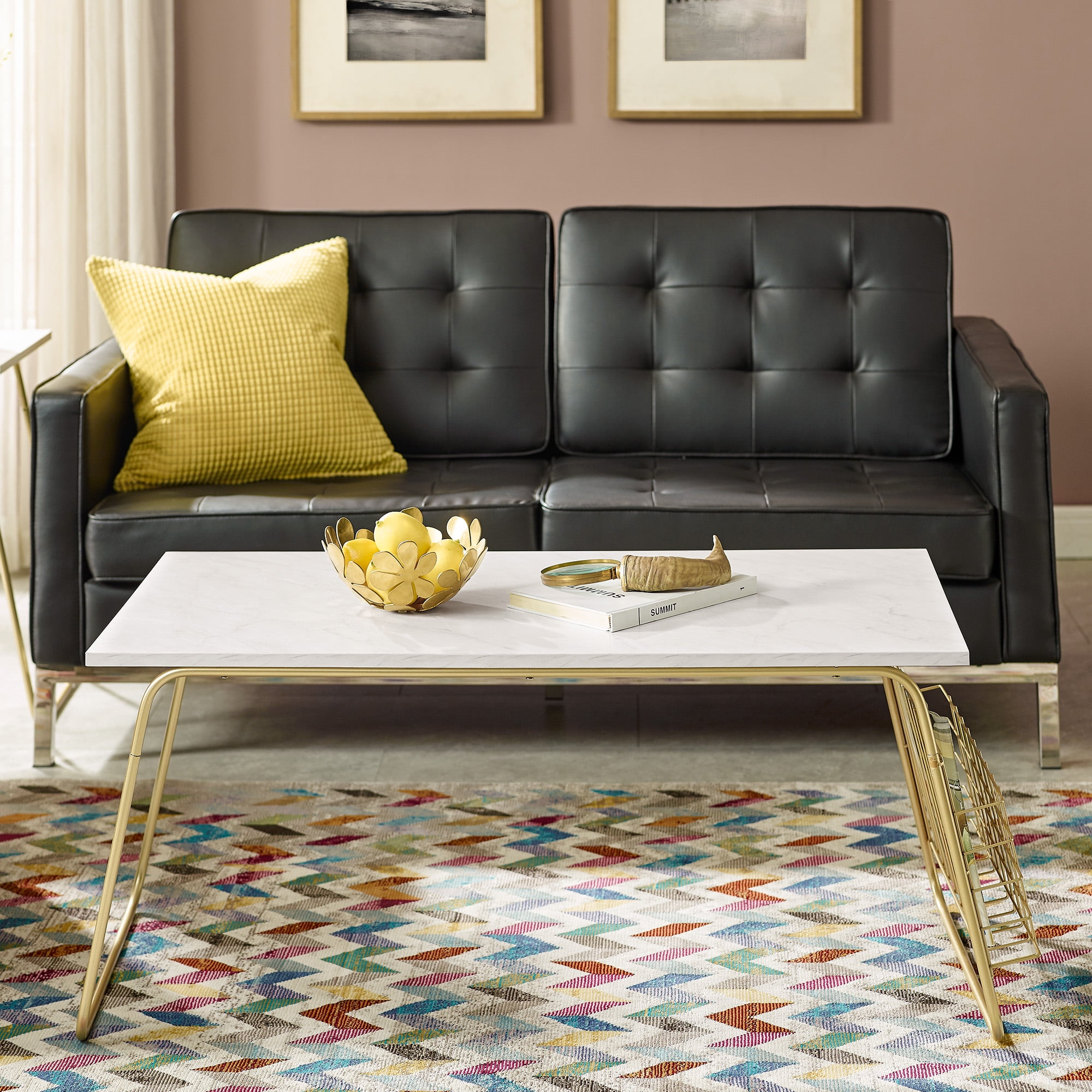Modern Faux Marble Coffee Table with Magazine Holder by Manor Park