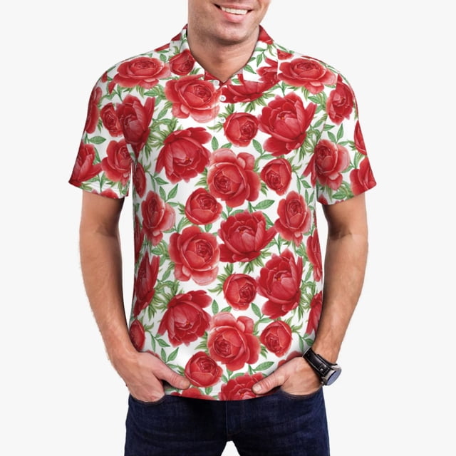 Balery Rose Flowers Camisa Polo de Hombre con Estampado, de Manga Corta y Tejido Medio, Camisa Tipo Golf Polo-Small