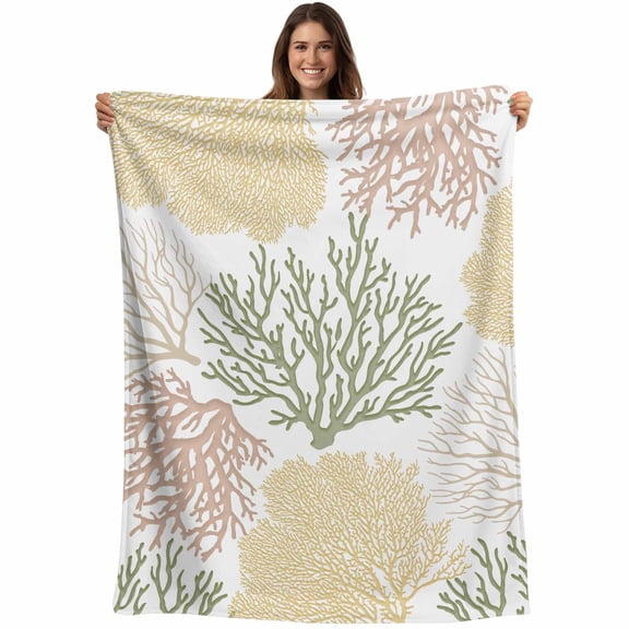 Sage Green Coastal Blanket Soft Cozy Warm Throw Blanket for Couch, Plush Fuzzy Flannel Fleece Blankets for Sofa, Coral Ocean Marine Modern Sea Bed Blankets Lightweight Gifts for Women, 32"x48"