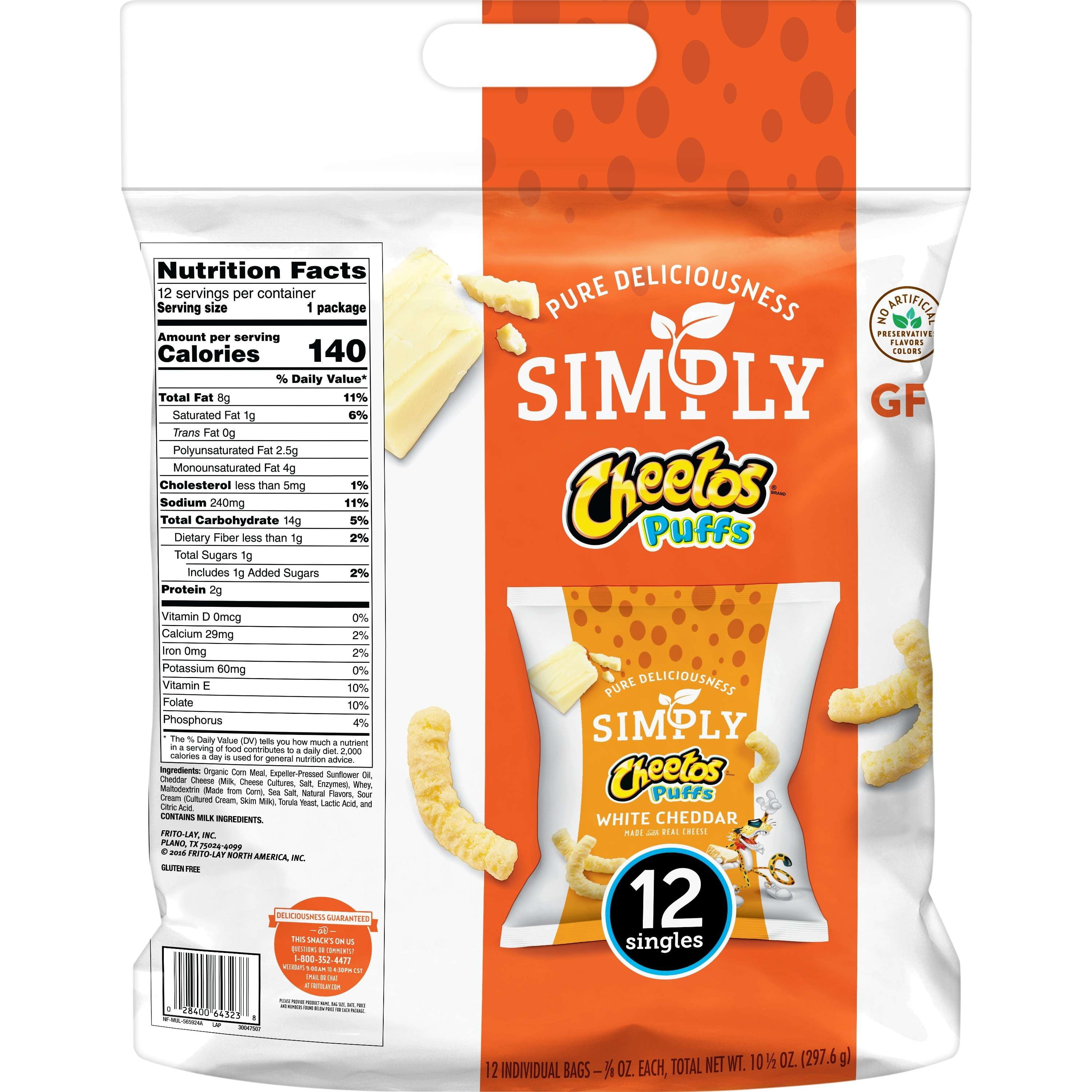 Calories in 85 grams of Simply Cheetos Puffs White Cheddar.