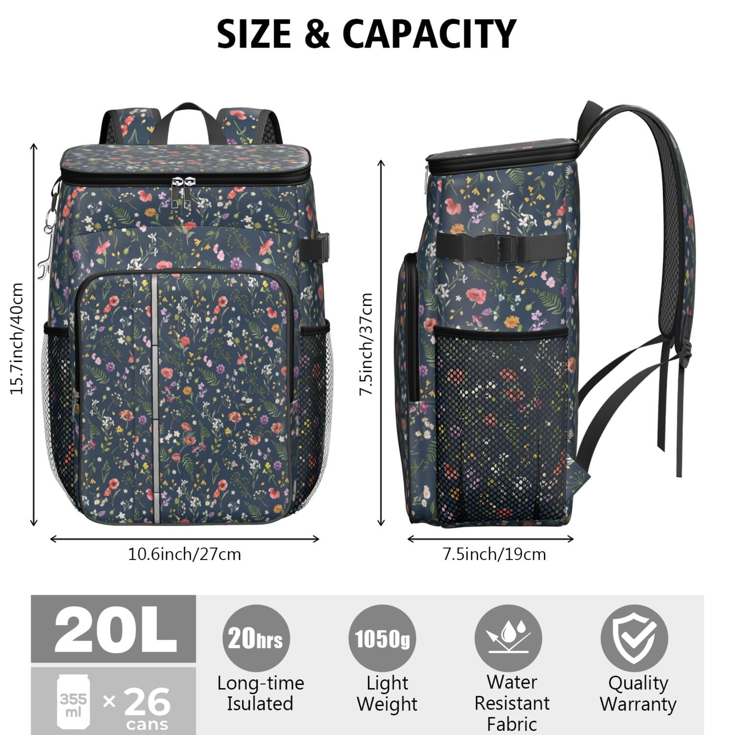 Travel Cooler Bag - Pioneer Flower Floral Print Pattern Camping Beer Cooler Backpack with Bottle Opener- Waterproof Insulated Picnic Backpacks - Cooler Bag for Beach