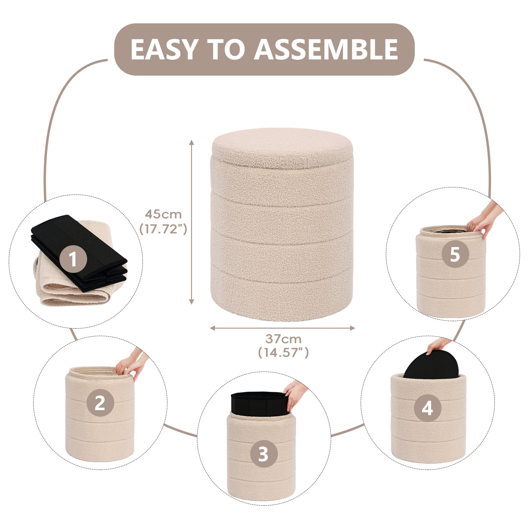 B FSOBEIIALEO 14.6inch Collapsible Storage Ottoman Round with Tray Teddy Fabric Living Room Bedroom Ottoman with Storage(Beige)
