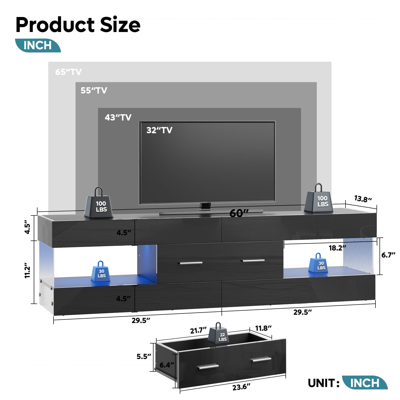 Bestier Black TV Stand for TVs up to 65", Modern Entertainment Center for TVs with LED Light, High Gloss TV Console Table with Storage Drawers