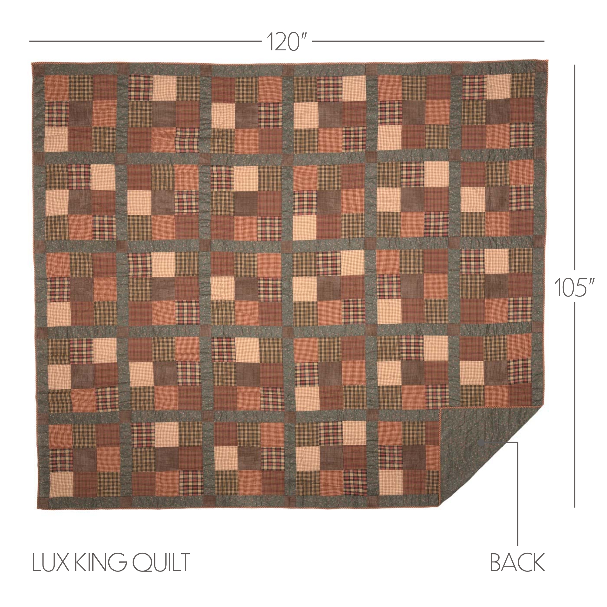 VHC Brands Crosswoods Patchwork Cotton Primitive Bedding Pre-Washed Luxury King Quilt, Dark Olive Green