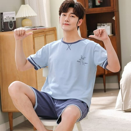 

QWZNDZGR Summer Knitted Cotton Short Sleeved Men s Pajamas Sets Male Pajama Set Striped Pajama For Men Sleepwear Suit Homewear Size 6316