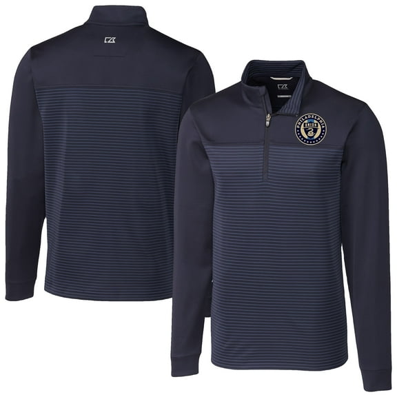 Men's-Cutter & Buck Navy Philadelphia Union Traverse Stretch Eco Stripe Tri-Blend Quarter-Zip Top