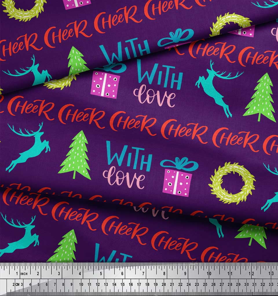 Soimoi Purple Cotton Voile Fabric Christmas Tree & Gift Text Printed Fabric 1 Yard 42 Inch Wide