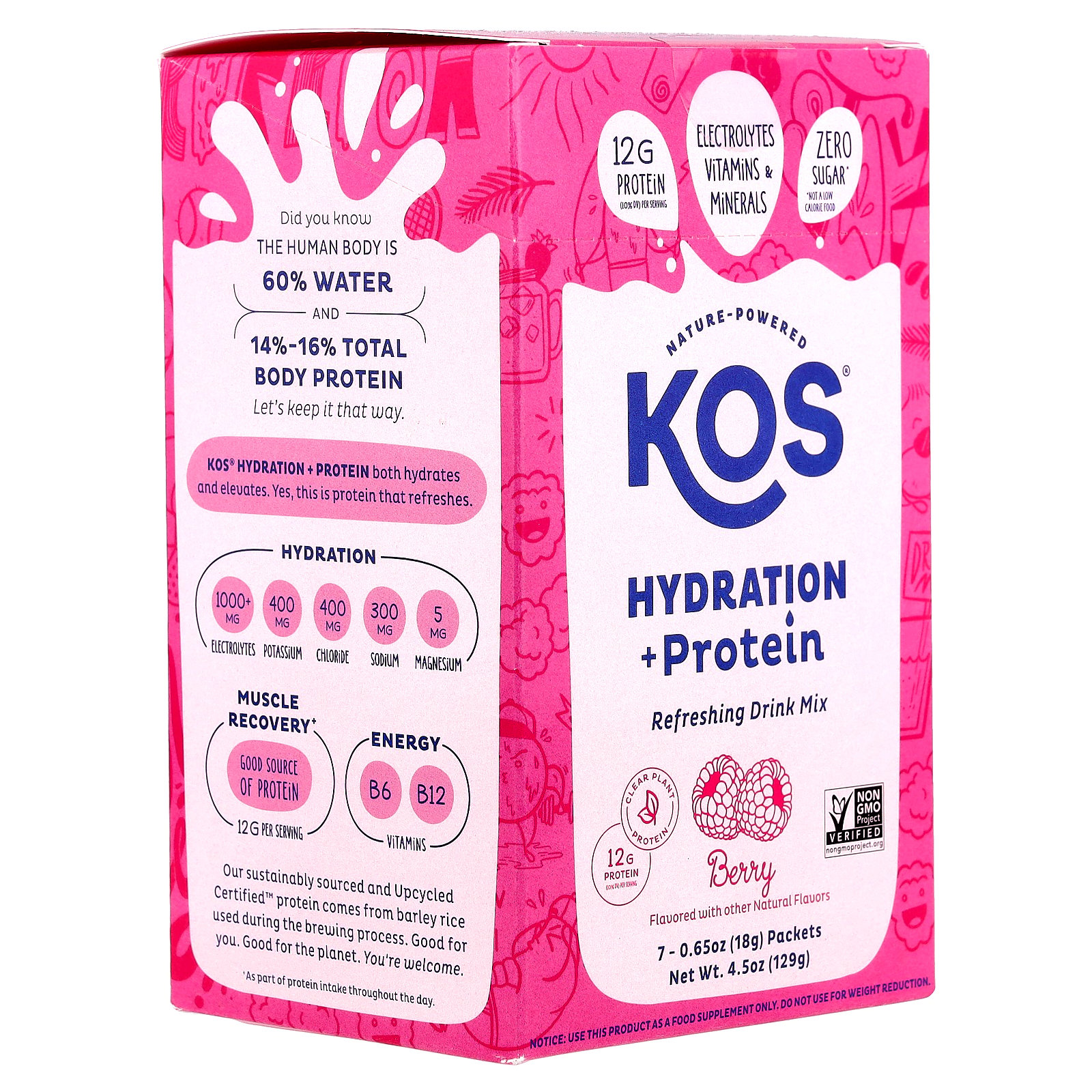 KOS Hydration + Protein, Refreshing Drink Mix, Berry, 7 Packets, 0.65 oz (18 g) Each